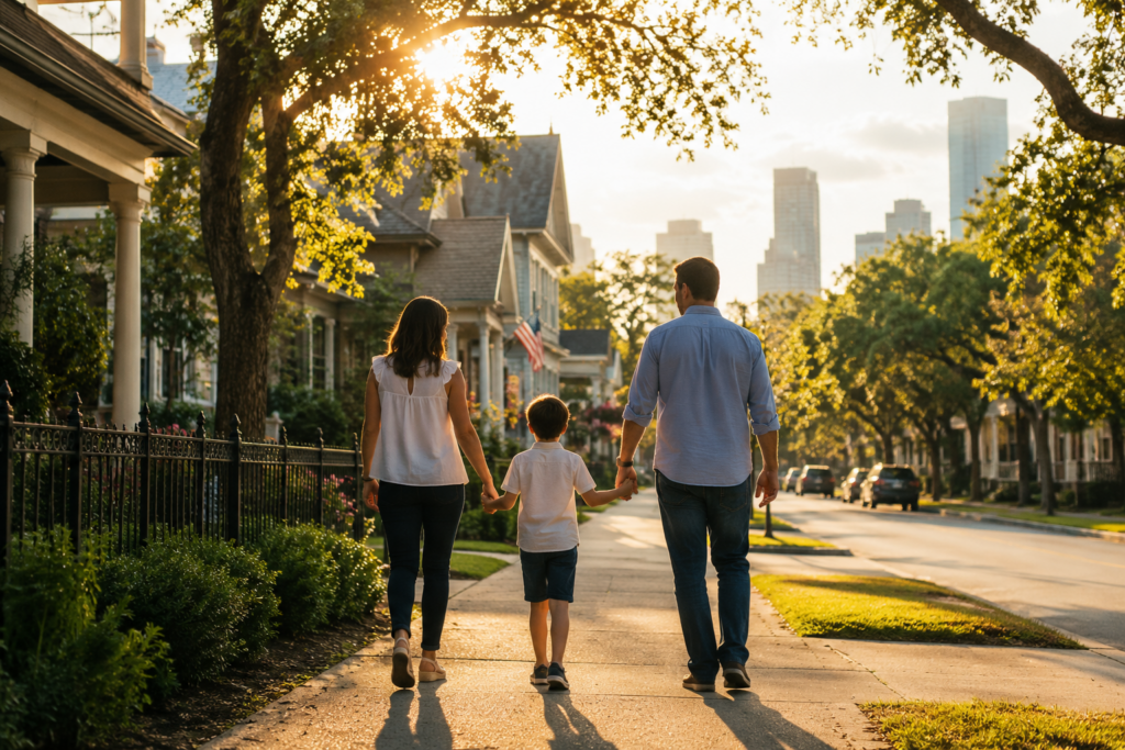 Parents and child walking together in a Houston Heights neighborhood during a collaborative divorce focused on family stability and child well-being