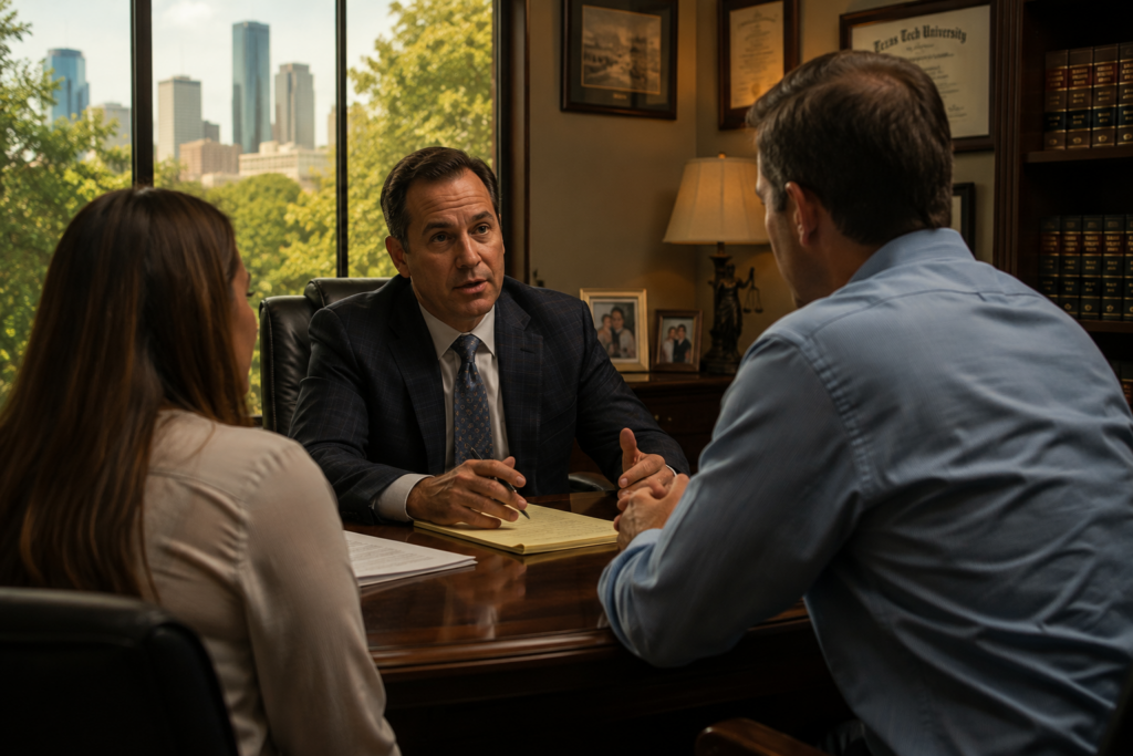 Common Law Divorce Attorney in Houston Heights Texas meeting with parents to discuss child custody, property division, and Texas family law.