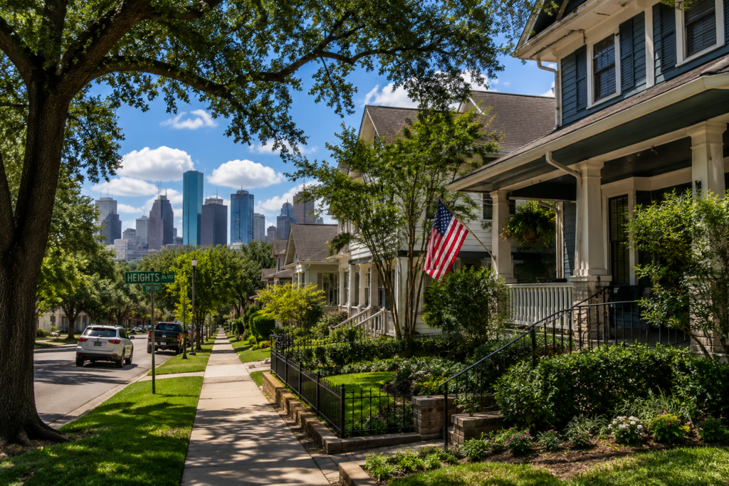 Houston Heights neighborhood homes on a sunny summer day, representing the family stability, custody arrangements, and child support considerations that often arise in Texas divorce and co-parenting cases.