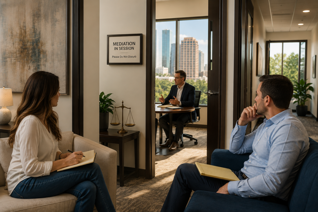 Divorcing parents meeting separately during a Texas family law mediation session while a neutral mediator facilitates negotiations, illustrating common misconceptions about mediation and the importance of legal representation.
