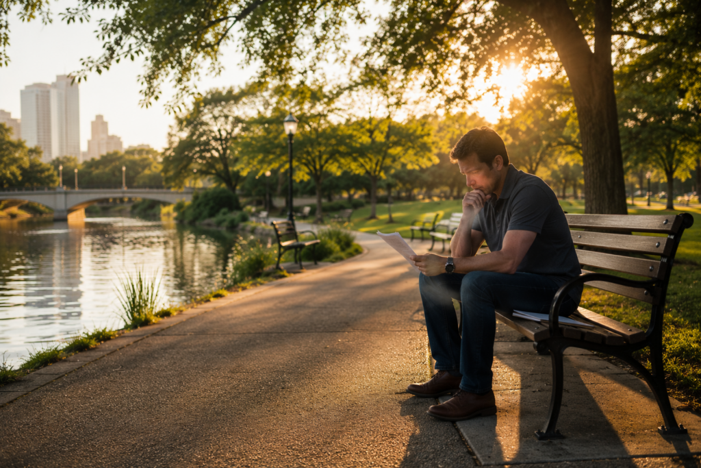 Man reviewing legal documents on a park bench at sunset, representing common misconceptions about Texas divorce law, property division, and important divorce decisions.