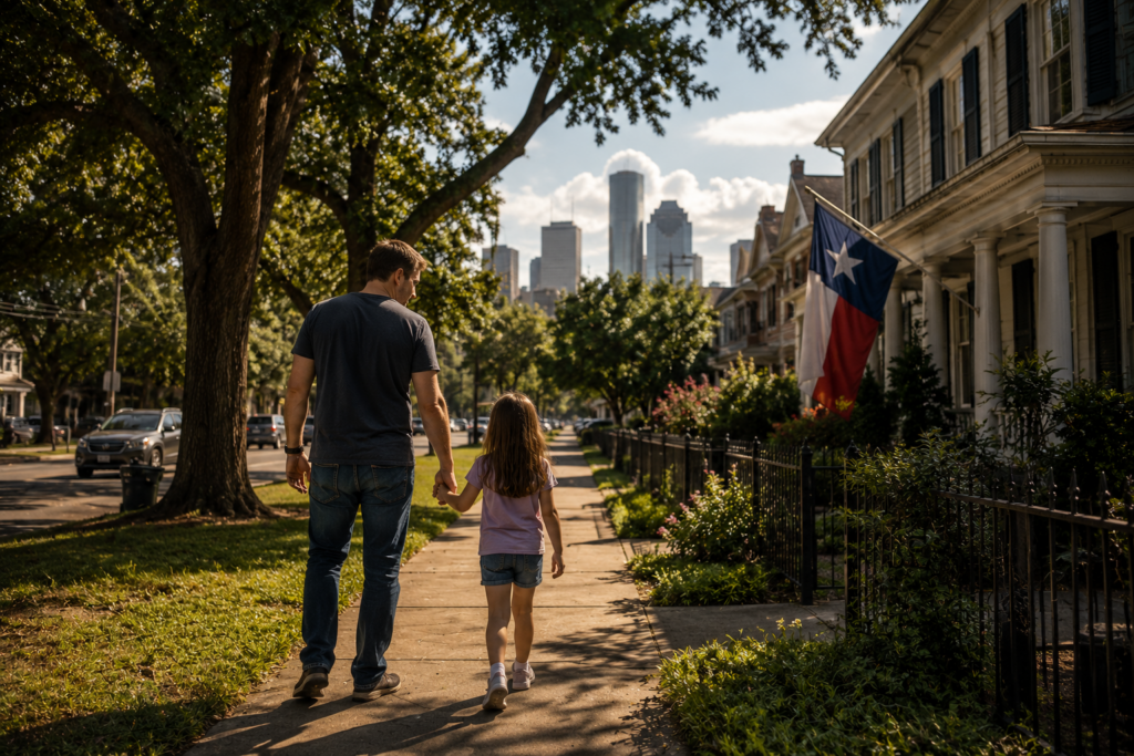 Father walking hand-in-hand with his daughter through a Houston Heights neighborhood during a Texas child custody matter