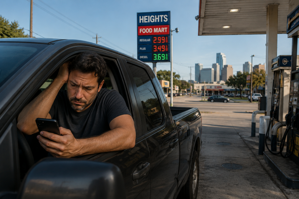 Father sitting in a truck at a Houston Heights gas station during a contested divorce, concerned about protecting his children and future.