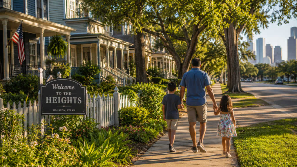 Father walking with two children along a tree-lined Houston Heights neighborhood street, representing family stability and child-focused divorce planning in Texas.