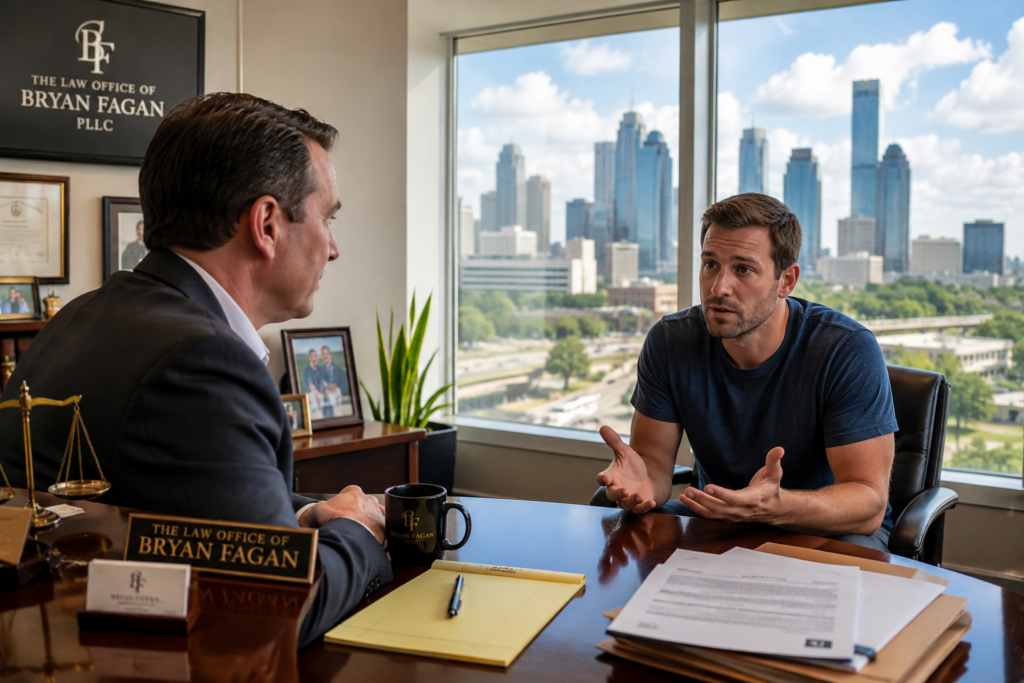 Father meeting with a Texas family law attorney to discuss legal fatherhood, paternity rights, and a Texas birth certificate.