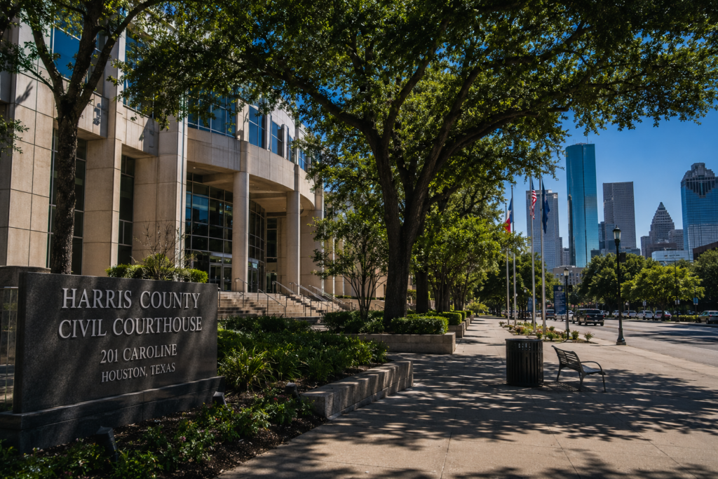 Harris County family courthouse in downtown Houston, Texas, where child support enforcement, modification, and custody cases are heard under Texas family law.