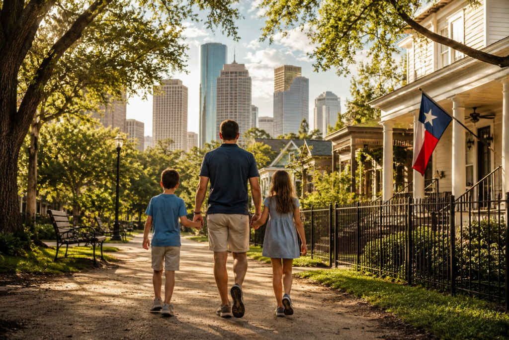 Father walking with his children through a Houston Heights neighborhood after successful family law mediation, symbolizing stability and co-parenting after divorce.