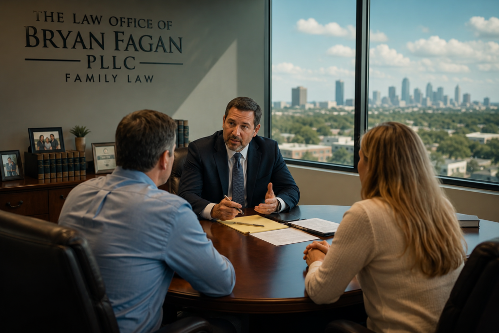 Family-owned business owners meeting with a Texas family law attorney to discuss divorce, child custody, and business protection strategies in Humble Texas
