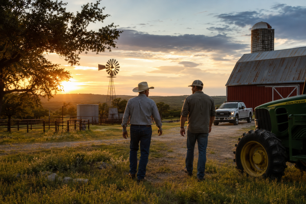 Two generations of ranchers walk across a Texas farm at sunset, surrounded by agricultural assets including farmland, a barn, windmill, silo, pickup truck, and tractor. The wide-angle, cinematic scene symbolizes farm and ranch succession planning, highlighting the transfer of land, equipment, and agricultural operations to the next generation while preserving the family legacy.