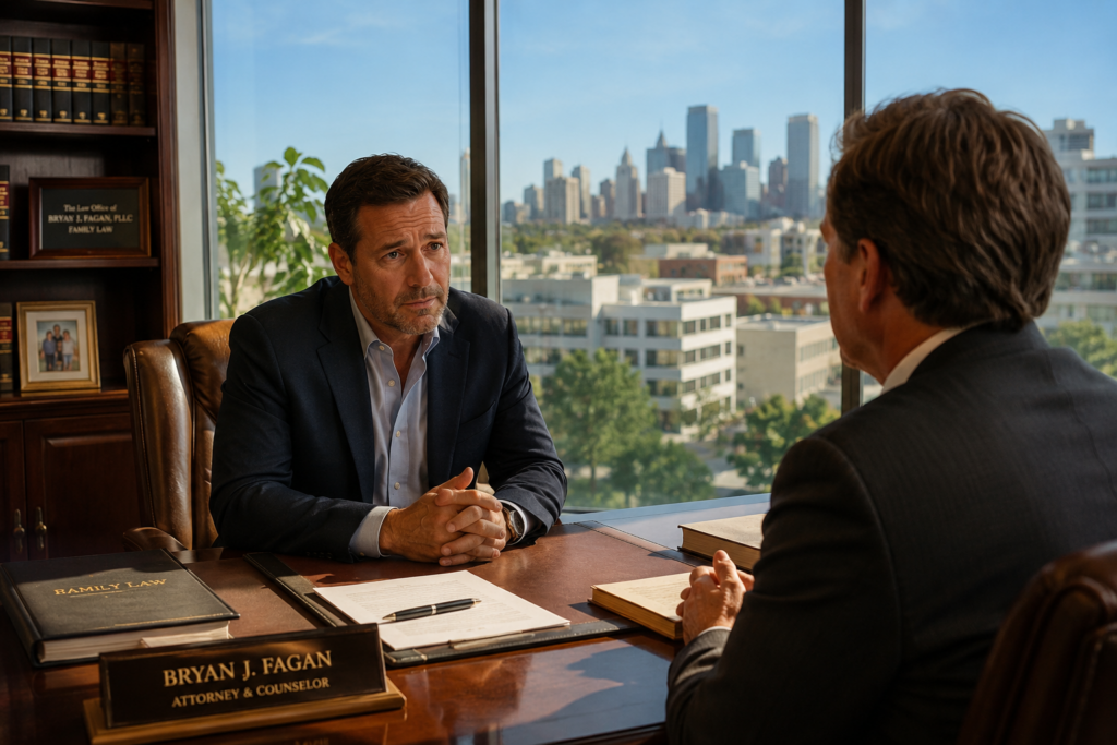 Houston Heights executive meeting with a Texas family law attorney to discuss a high-net-worth divorce involving business assets, investments, and child custody concerns.
