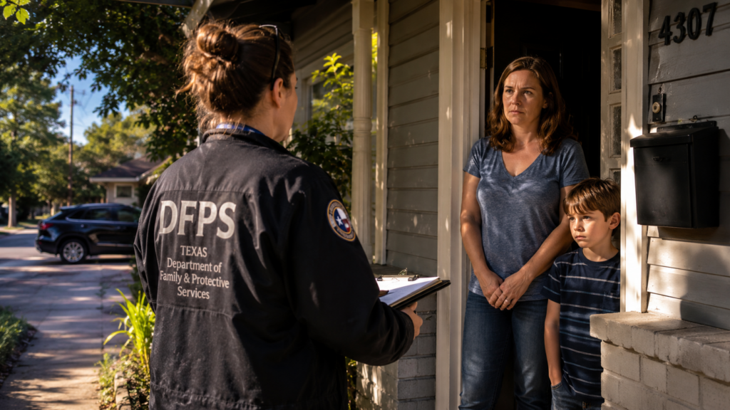 CPS investigator speaking with a concerned parent and child outside a Houston Heights home during a Texas Child Protective Services investigation.