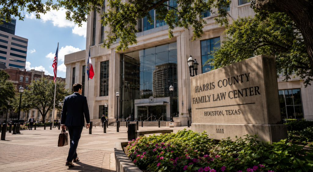 Attorney arriving at the Harris County Family Law Center for a Texas asset division case involving mediation, financial disclosures, and community property disputes.