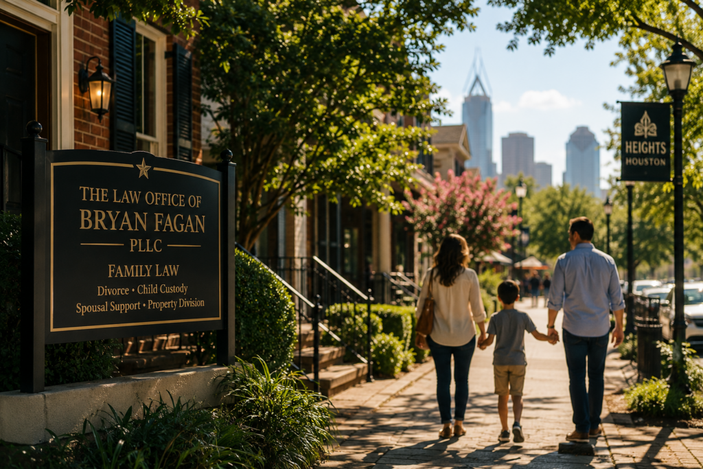 Family walking together outside a Houston Heights family law office, symbolizing stability, mediation, and compassionate legal guidance during a Texas divorce and spousal support case.