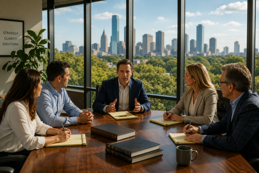Collaborative divorce strategy meeting in a Houston law office with attorneys, spouses, and neutral professionals working together to resolve family law issues through structured negotiation and full financial disclosure.