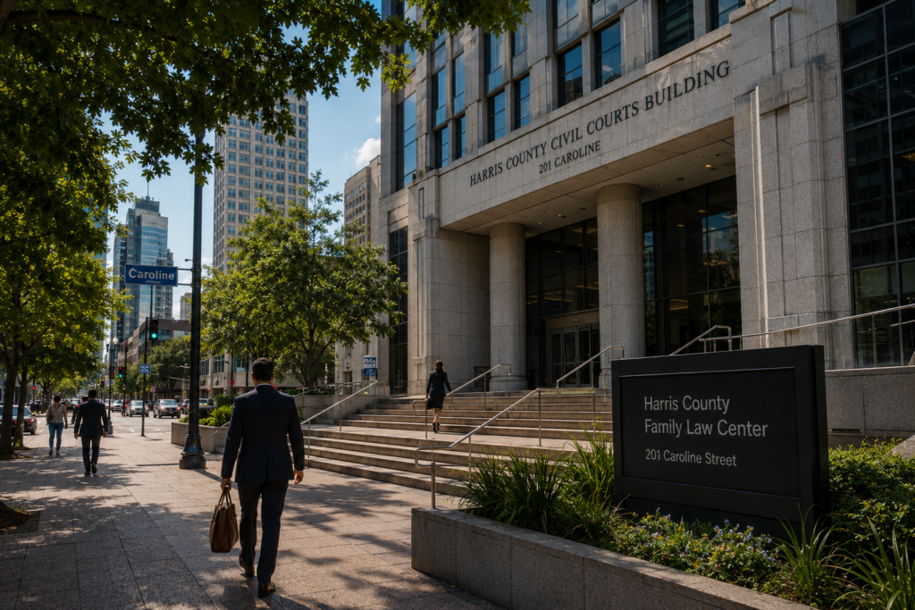 People arriving at the Harris County Family Law Center in downtown Houston, illustrating the contested divorce process, mediation requirements, and family court proceedings in Texas.