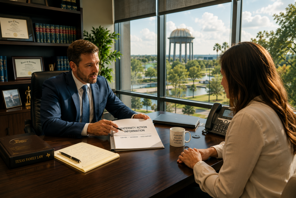 Family law attorney explaining paternity action costs and legal options to a client during a consultation in Texas