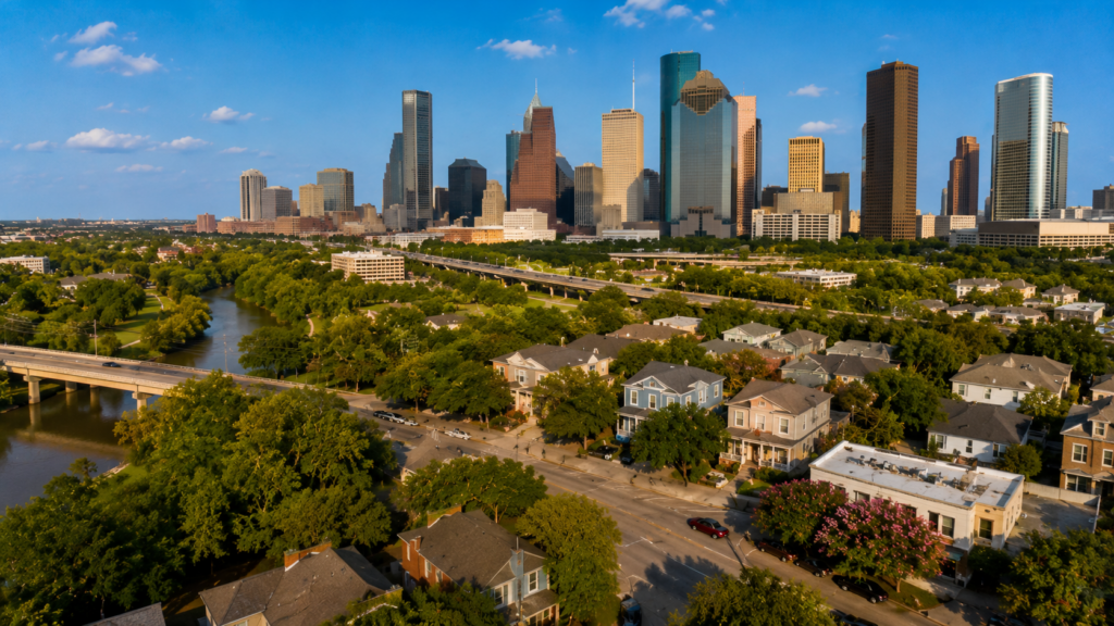 Aerial view of Houston and surrounding suburban communities, illustrating how divorce procedures and court practices can vary between Harris County and neighboring Texas counties.