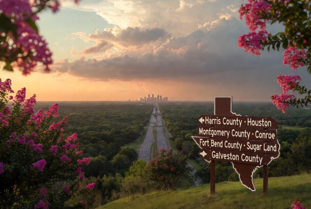 Wide-angle cinematic summer sunset view of greater Houston area with a Texas-shaped road sign pointing to Harris County Houston, Montgomery County Conroe, Fort Bend County Sugar Land, and Galveston County, representing statewide annulment laws with local procedural differences.