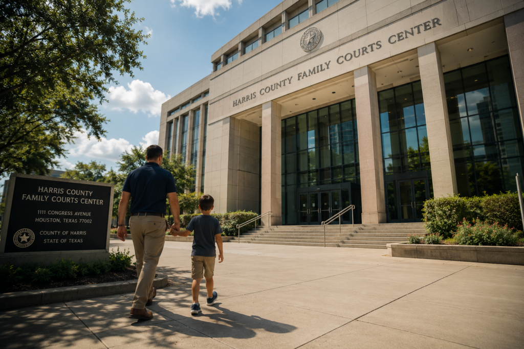Father and child walking toward the Harris County Family Courts Center for a paternity case in Texas
