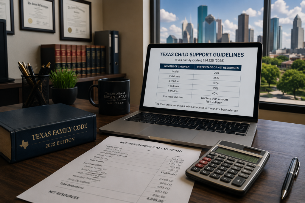 Texas child support calculation worksheet, calculator, and legal resources displayed in a Houston family law office, illustrating how child support is determined under Texas guidelines.