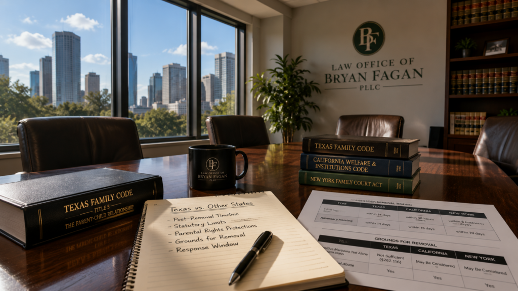Texas Family Code resources comparing Texas CPS laws with other states during a family law strategy meeting at a Houston law office.
