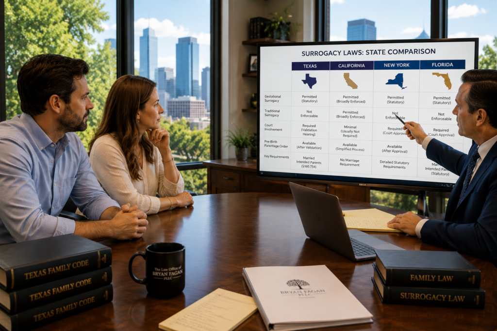 Texas surrogacy attorney explains differences between Texas, California, New York, and Florida surrogacy laws during a consultation with intended parents.