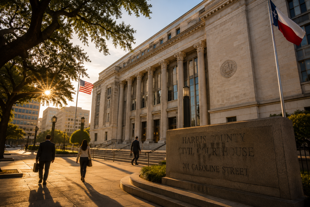 Harris County family courthouse in Houston, Texas, with parents walking toward the entrance during a child custody case under the Texas Family Code