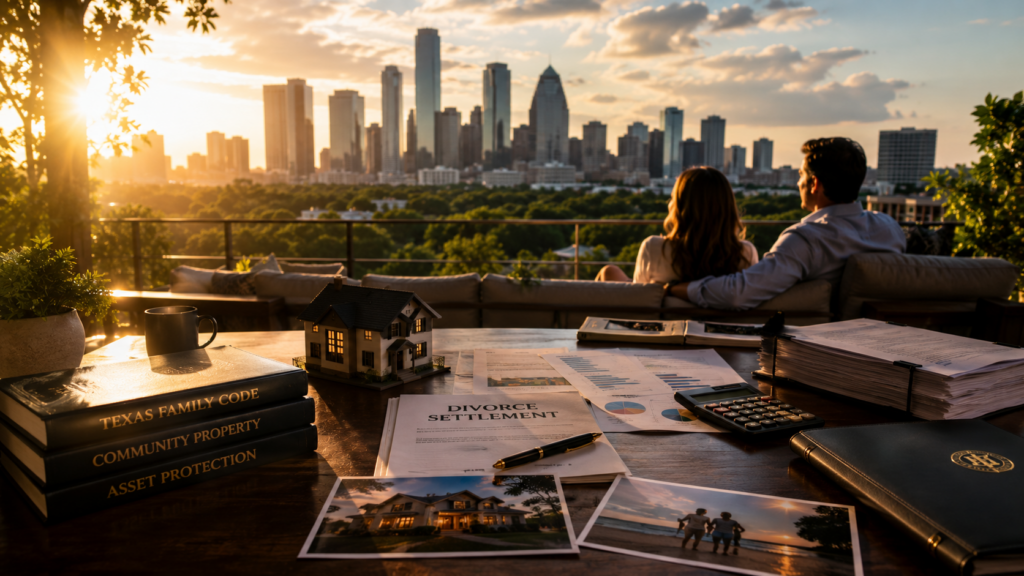Couple reviewing home and financial assets while planning property division during a Texas divorce with the Houston skyline at sunset in the background.