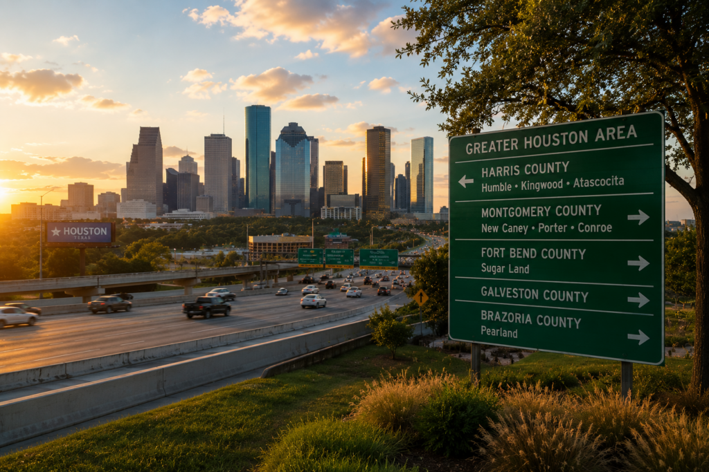 Houston skyline and major Southeast Texas counties highlighted along a highway corridor, representing estate planning, probate administration, and family business succession planning for business owners and farm families in Harris, Montgomery, Fort Bend, Galveston, and Brazoria Counties.