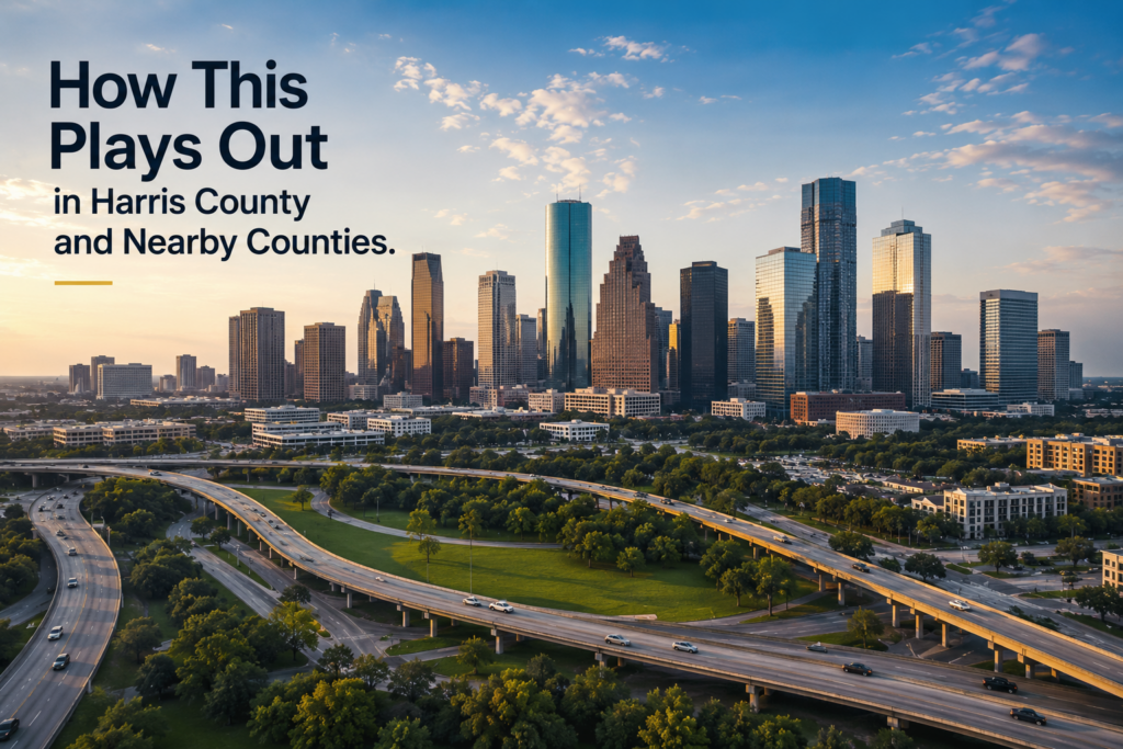 Wide-angle aerial view of downtown Houston at golden hour, featuring modern skyscrapers, highways, and green spaces under a bright summer sky. The image includes the headline “How This Plays Out in Harris County and Nearby Counties,” representing the local court systems and family law process across Harris County and surrounding Texas counties.