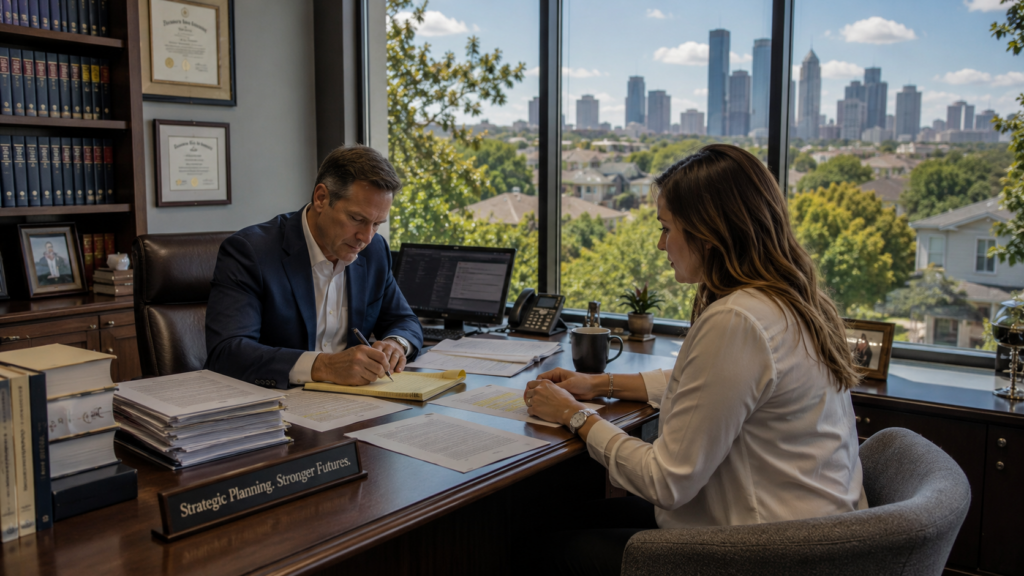 Divorce attorney meeting with a client in a Houston office to review financial records, property documents, and custody planning before filing for divorce.