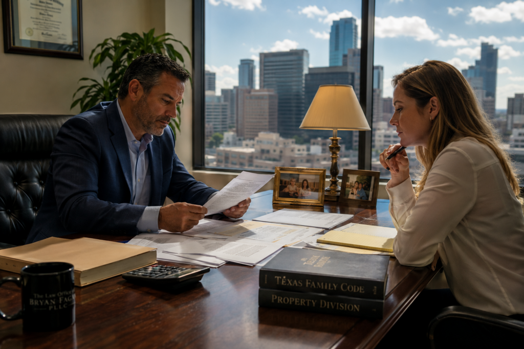 Houston divorce attorney reviewing financial records with a client during a contested divorce property division case involving assets, finances, and Texas community property laws.