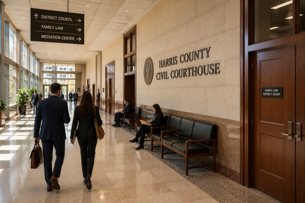 Parents and attorneys walking through a Harris County courthouse hallway during a Texas child custody case and mediation process