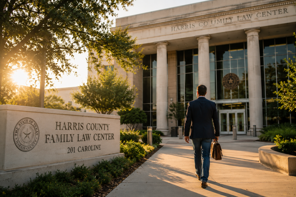 Parent arriving at a Texas family courthouse to seek modification or enforcement of a child visitation order, illustrating legal action involving custody schedules, possession and access rights, and Texas family law proceedings.