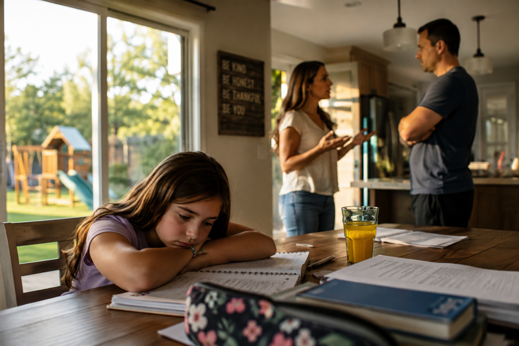 Child struggling with homework while parents argue in the background, illustrating how divorce and custody disputes can affect children emotionally and academically in Texas.