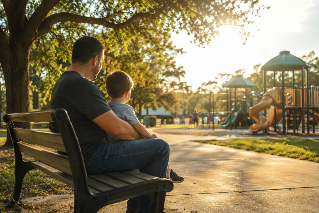 Father spending time with his child in a park while navigating parental rights and paternity issues in Humble Texas