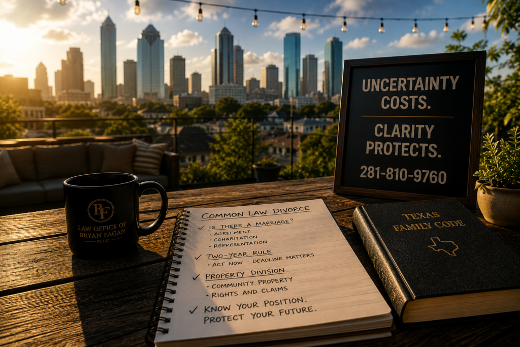 Common Law Divorce Attorney in Houston Heights Texas legal strategy materials overlooking the Houston skyline, symbolizing the importance of early planning, property protection, and understanding Texas informal marriage laws.