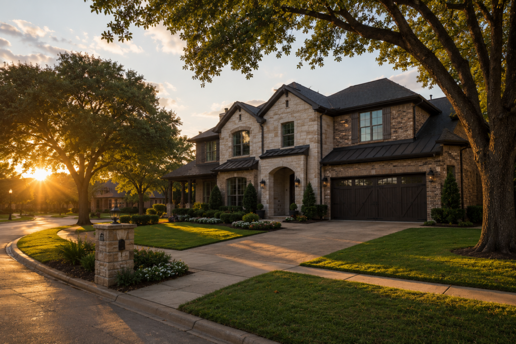 Luxury Texas family home at sunset in a peaceful suburban neighborhood, representing community property, home ownership, and property division in a Texas divorce.