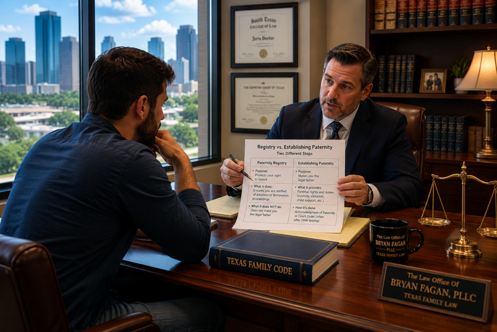 Texas family law attorney explaining the difference between the Texas Paternity Registry and establishing legal paternity during a consultation with an unmarried father in a Houston law office.
