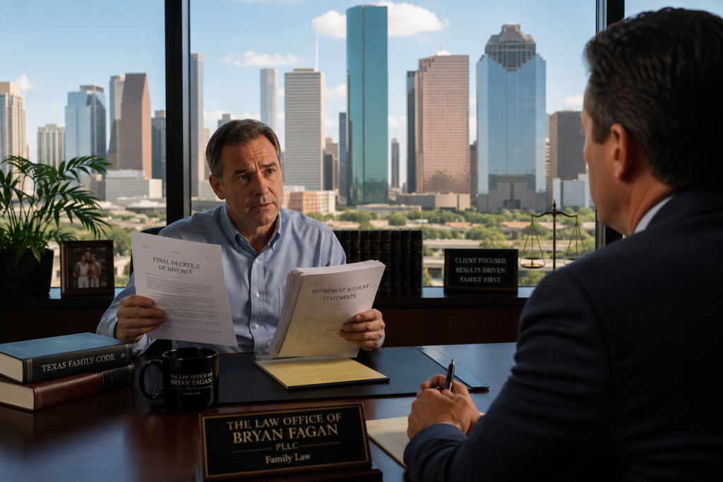 Retirement planning attorney meeting with a divorced father reviewing retirement account documents and estate planning options in a Houston office.