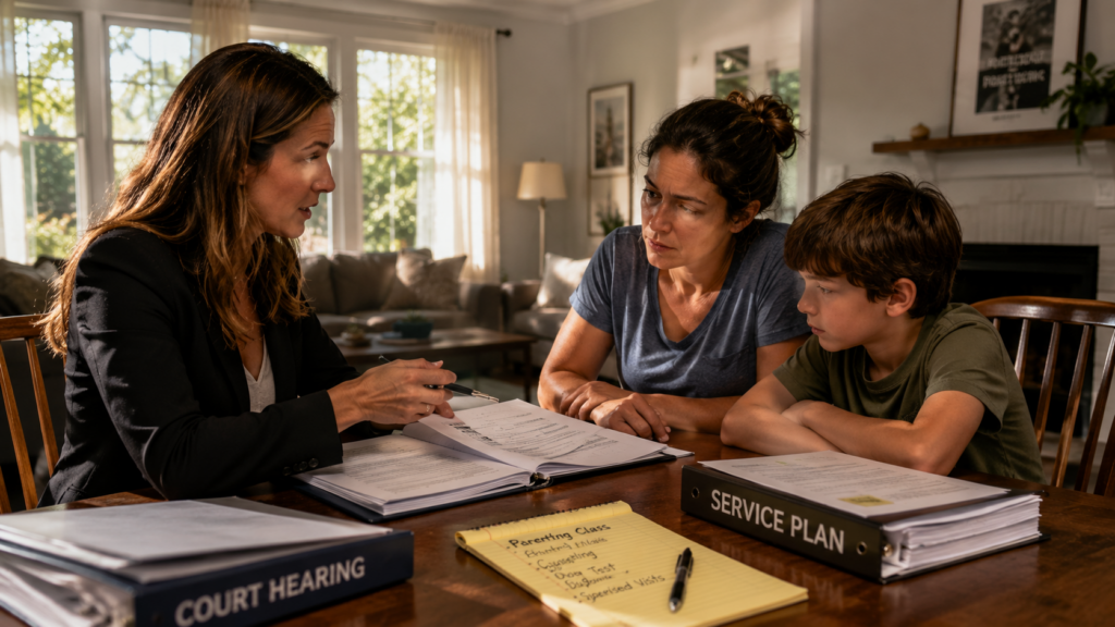 Family law attorney reviewing a CPS service plan with a parent and child during a reunification case consultation in Houston, Texas.