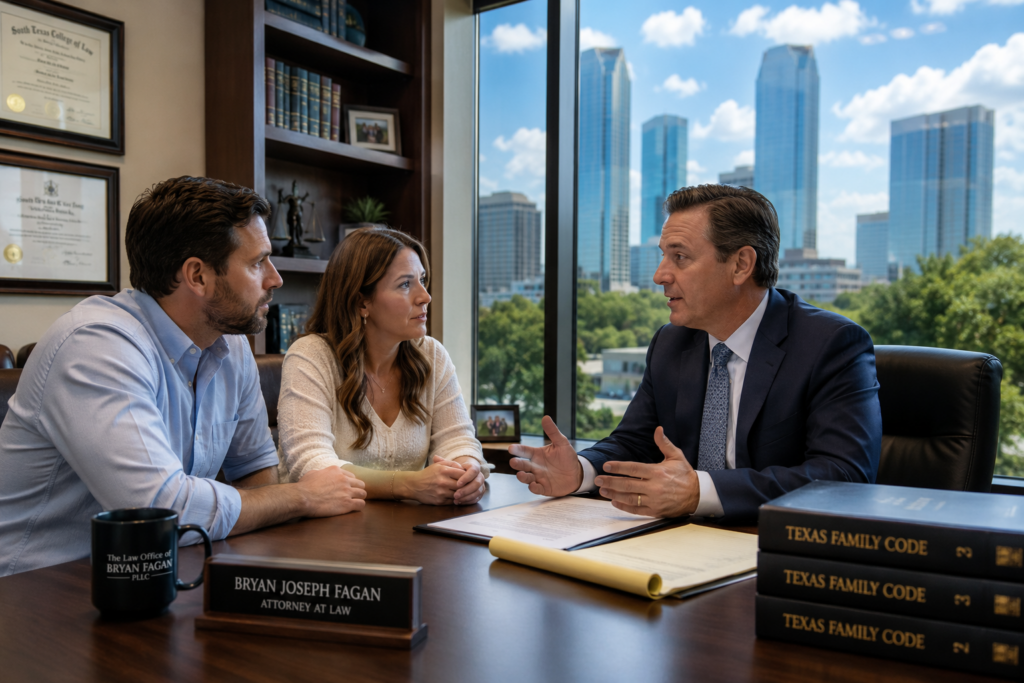 Texas gestational surrogacy consultation with intended parents meeting a Texas family law attorney to discuss parentage rights and surrogacy agreements