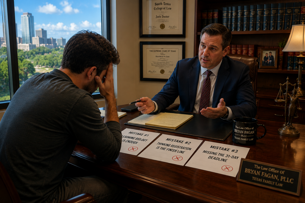 Concerned father meeting with a Texas family law attorney to discuss common paternity registry mistakes, missed deadlines, father's rights, and establishing legal paternity in Texas.