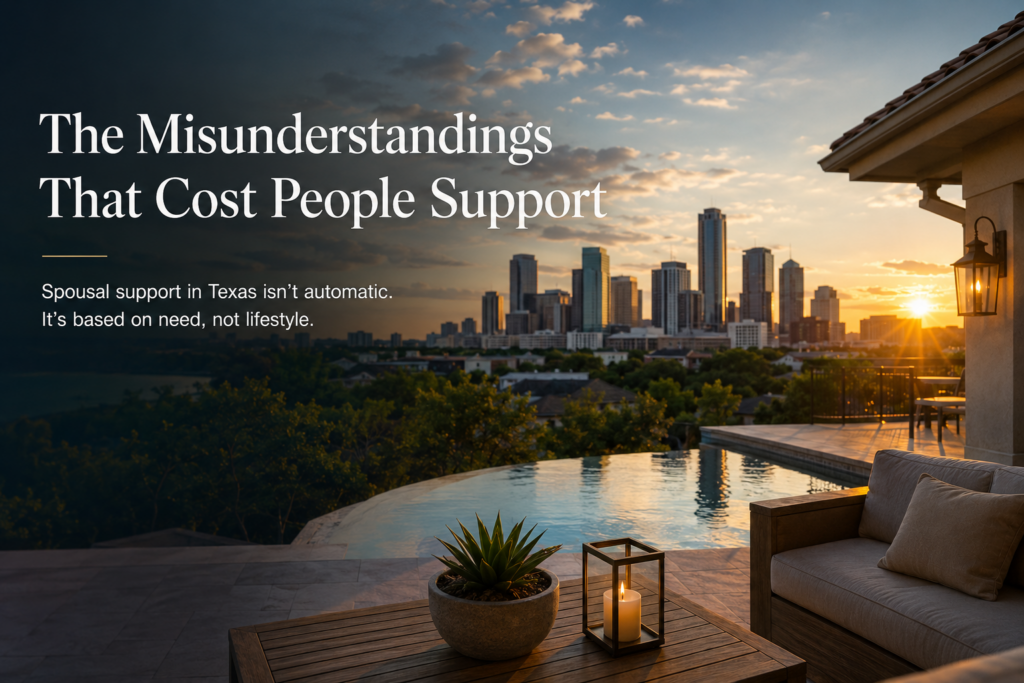 Wide-angle cinematic image of a luxury backyard patio with an infinity pool overlooking a modern Texas skyline at sunset. A headline reads, "The Misunderstandings That Cost People Support," with a brief message explaining that Texas spousal support is based on financial need rather than lifestyle. Summer lighting and warm golden-hour tones create a calm, upscale atmosphere.