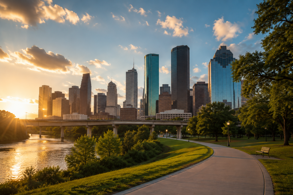 Houston skyline at sunset overlooking a scenic riverside park path, representing Texas residency requirements and the legal foundation for filing a Texas divorce case.
