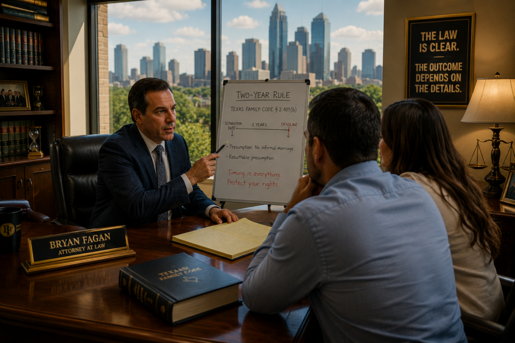 Common Law Divorce Attorney in Houston Heights Texas explaining the Texas two-year rule for informal marriage to a couple during a family law consultation.