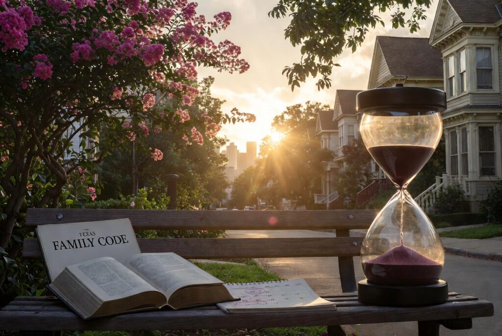 Wide-angle cinematic summer sunset in Houston Heights showing an hourglass with sand nearly run out on a bench, symbolizing the strict time limits and deadlines for filing an annulment under Texas Family Code.