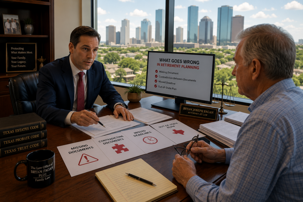 Retirement planning attorney meeting with a Houston Heights client to review estate planning mistakes, probate deadlines, beneficiary conflicts, powers of attorney, and retirement asset protection strategies in a modern Texas law office.