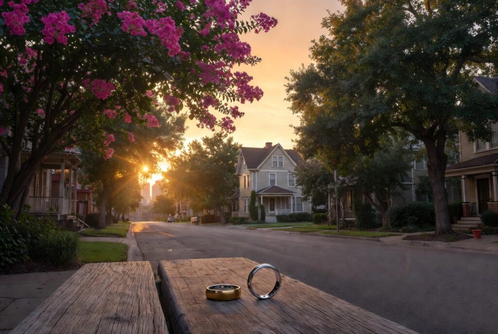 Wide-angle cinematic summer sunset in Houston Heights showing two wedding rings on a bench, symbolizing the legal concept of annulment in Texas where a marriage is declared invalid from the beginning.