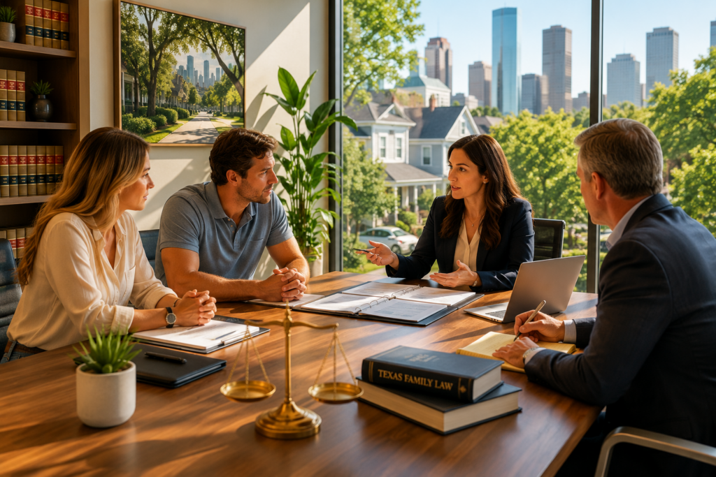 Collaborative divorce meeting in a Houston Heights law office with a couple, attorneys, and neutral professionals working together to resolve family law matters outside of court.